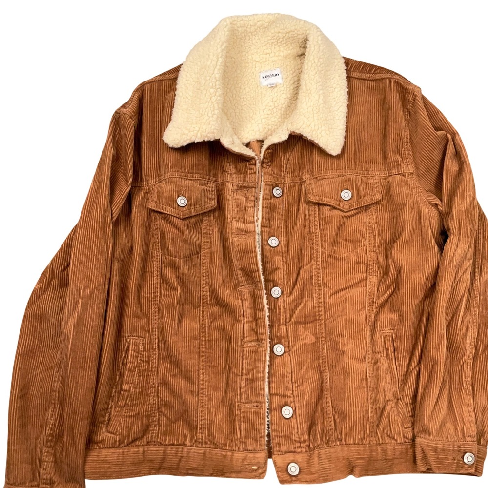 Kensie Trucker Jacket Women XL Brown Corduroy Sherpa Collar Cabin Rustic Cotton